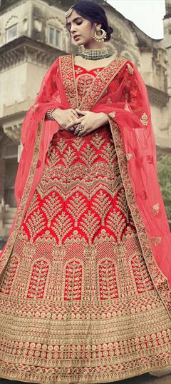 Bridal, Wedding Red and Maroon color Lehenga in Satin Silk fabric with A Line Embroidered, Stone, Thread, Zari work : 1772089