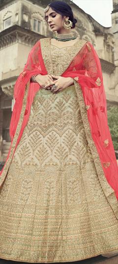 Bridal, Wedding Beige and Brown color Lehenga in Satin Silk fabric with A Line Embroidered, Stone, Thread, Zari work : 1772093