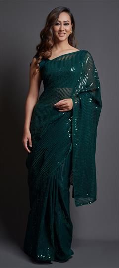 Festive, Party Wear Green color Saree in Georgette fabric with Classic Embroidered, Sequence, Thread work : 1772094