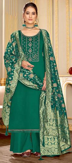 Festive, Party Wear Green color Salwar Kameez in Cotton fabric with Palazzo Embroidered, Resham, Stone, Weaving, Zari work : 1772116