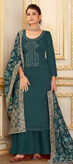 Festive, Party Wear Blue color Salwar Kameez in Cotton fabric with Palazzo Embroidered, Resham, Stone, Weaving, Zari work : 1772117