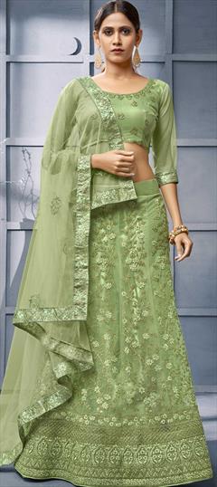 Engagement, Festive, Wedding Green color Lehenga in Net fabric with A Line Embroidered, Resham, Thread work : 1772172