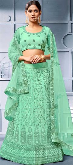 Engagement, Festive, Wedding Green color Lehenga in Net fabric with A Line Embroidered, Resham, Thread work : 1772180