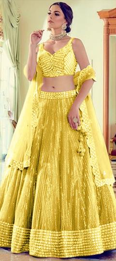 Festive, Party Wear Yellow color Lehenga in Net fabric with A Line Sequence work : 1772233