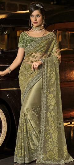 Bridal, Engagement, Reception, Wedding Green color Saree in Net fabric with Classic Embroidered, Resham, Sequence, Thread, Zari work : 1772270