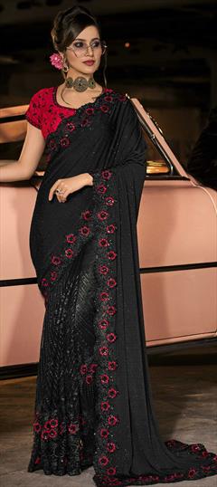 Bridal, Engagement, Wedding Black and Grey color Saree in Satin Silk, Silk fabric with South Embroidered, Resham, Stone, Swarovski, Thread, Zari work : 1772276