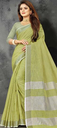 Traditional Green color Saree in Linen fabric with Bengali Weaving work : 1772299