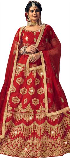 Engagement, Festive, Mehendi Sangeet Red and Maroon color Lehenga in Velvet fabric with A Line Embroidered, Stone, Thread, Zari work : 1772300