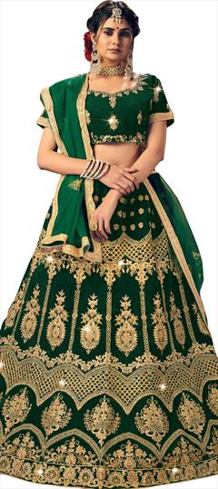 Engagement, Festive, Mehendi Sangeet Green color Lehenga in Velvet fabric with A Line Embroidered, Stone, Thread, Zari work : 1772302