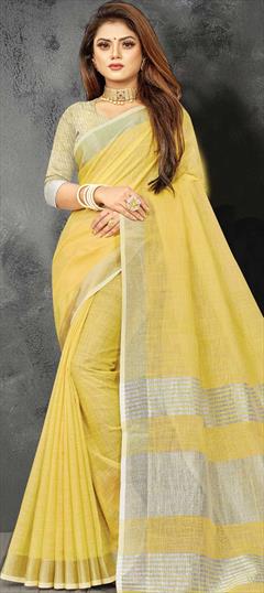 Traditional Yellow color Saree in Linen fabric with Bengali Weaving work : 1772304