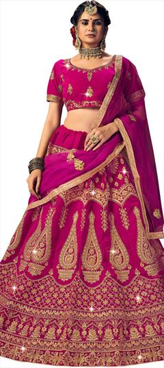 Engagement, Festive, Mehendi Sangeet Pink and Majenta color Lehenga in Velvet fabric with A Line Embroidered, Stone, Thread, Zari work : 1772318