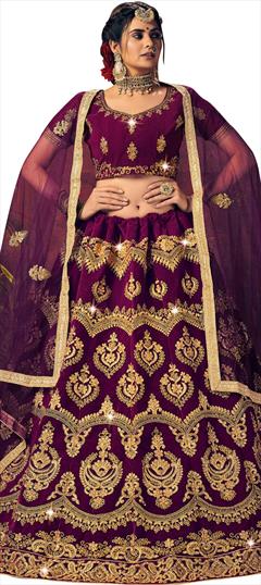 Engagement, Festive, Mehendi Sangeet Purple and Violet color Lehenga in Velvet fabric with A Line Embroidered, Stone, Thread, Zari work : 1772322