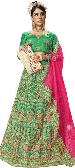 Festive, Mehendi Sangeet Green color Lehenga in Satin Silk fabric with A Line Embroidered, Stone, Thread, Zari work : 1772325