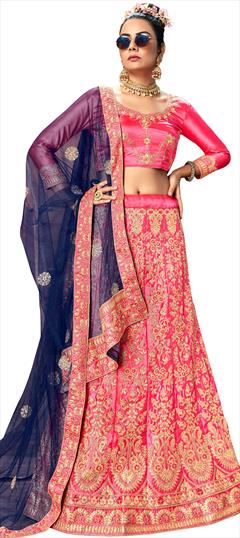 Festive, Mehendi Sangeet Pink and Majenta color Lehenga in Satin Silk fabric with A Line Embroidered, Stone, Thread, Zari work : 1772329