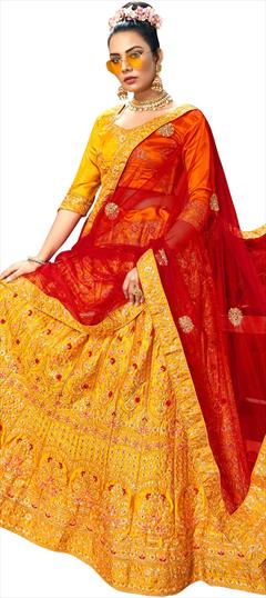Festive, Mehendi Sangeet Yellow color Lehenga in Satin Silk fabric with A Line Embroidered, Stone, Thread, Zari work : 1772332