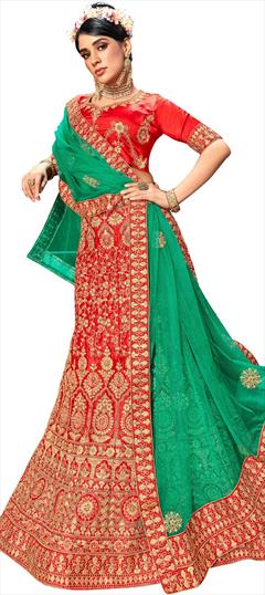Festive, Mehendi Sangeet Red and Maroon color Lehenga in Satin Silk fabric with A Line Embroidered, Stone, Thread, Zari work : 1772333
