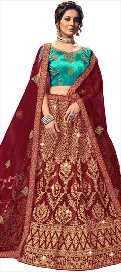 Engagement, Party Wear Red and Maroon color Lehenga in Satin Silk fabric with A Line Embroidered, Stone, Thread, Zari work : 1772340