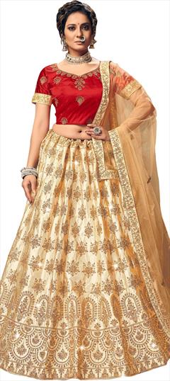 Engagement, Party Wear Beige and Brown color Lehenga in Satin Silk fabric with A Line Embroidered, Stone, Thread, Zari work : 1772342