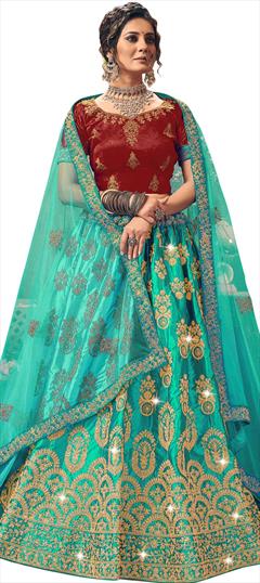 Engagement, Party Wear Blue color Lehenga in Satin Silk fabric with A Line Embroidered, Stone, Thread, Zari work : 1772344
