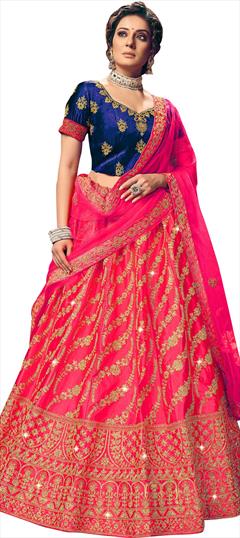Engagement, Party Wear Pink and Majenta color Lehenga in Satin Silk fabric with A Line Embroidered, Stone, Thread, Zari work : 1772346
