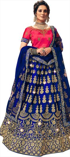 Engagement, Party Wear Blue color Lehenga in Satin Silk fabric with A Line Embroidered, Stone, Thread, Zari work : 1772349