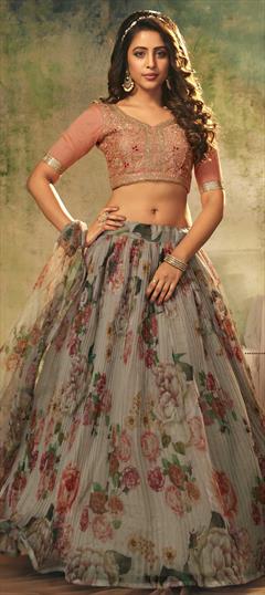 Engagement, Festive, Wedding Beige and Brown color Lehenga in Organza Silk fabric with A Line Digital Print, Floral work : 1772424
