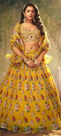 Engagement, Festive, Wedding Yellow color Lehenga in Organza Silk fabric with A Line Digital Print, Floral work : 1772426