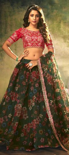 Engagement, Festive, Wedding Green color Lehenga in Organza Silk fabric with A Line Digital Print, Floral work : 1772427