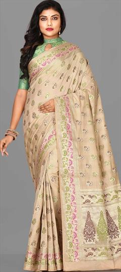 Traditional, Wedding Beige and Brown color Saree in Kanchipuram Silk, Silk fabric with South Weaving work : 1772570