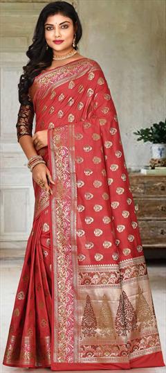 Traditional, Wedding Red and Maroon color Saree in Kanchipuram Silk, Silk fabric with South Weaving work : 1772571