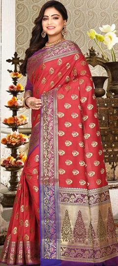 Traditional, Wedding Red and Maroon color Saree in Kanchipuram Silk, Silk fabric with South Weaving work : 1772576