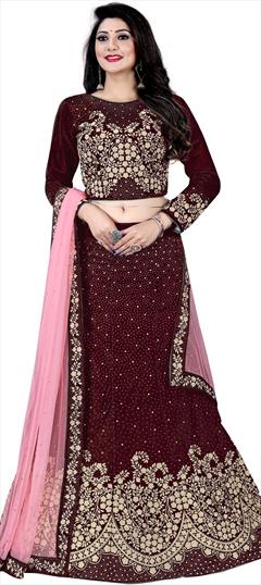 Engagement, Festive, Reception Red and Maroon color Lehenga in Velvet fabric with A Line Stone, Swarovski work : 1772654