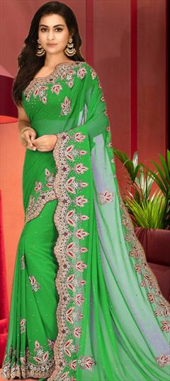 Bridal, Wedding Green color Saree in Georgette fabric with Classic Cut Dana, Stone, Thread work : 1772785