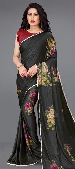 Festive, Party Wear Black and Grey color Saree in Lycra fabric with Classic Digital Print, Floral, Lace work : 1773426