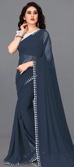 Festive, Party Wear Black and Grey color Saree in Faux Georgette fabric with Classic Mirror work : 1773436