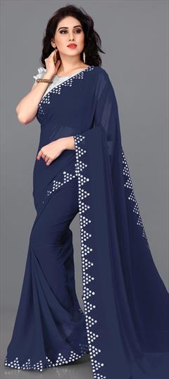 Festive, Party Wear Blue color Saree in Faux Georgette fabric with Classic Mirror work : 1773438