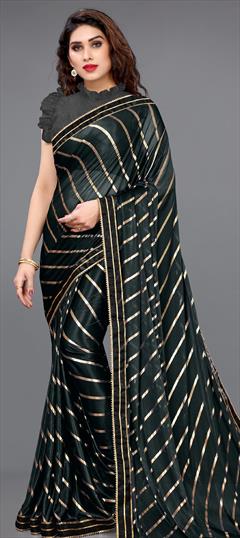 Casual, Festive, Party Wear Black and Grey color Saree in Lycra fabric with Classic Foil Print, Gota Patti, Printed work : 1773594