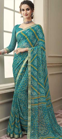 Casual, Festive, Party Wear Blue color Saree in Chiffon fabric with Classic Bandhej, Printed work : 1773725