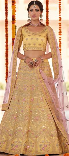 Bridal, Wedding Yellow color Lehenga in Organza Silk fabric with A Line Gota Patti, Thread, Zircon work : 1773890