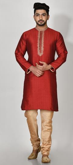 Red and Maroon color Kurta Pyjamas in Art Silk fabric with Embroidered, Thread work : 1773973
