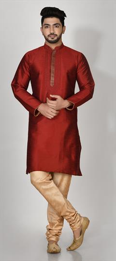 Red and Maroon color Kurta Pyjamas in Dupion Silk fabric with Embroidered work : 1773977