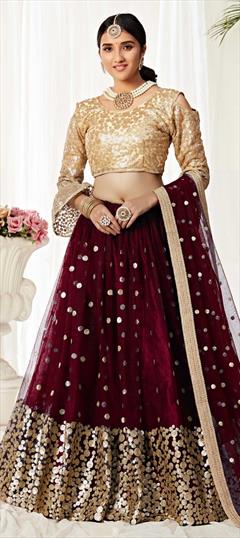 Engagement, Festive, Reception Red and Maroon color Lehenga in Net fabric with A Line Sequence work : 1774091