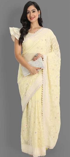 Festive, Party Wear Yellow color Saree in Georgette fabric with Classic Embroidered, Sequence, Thread work : 1774154