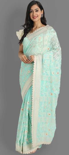 Festive, Party Wear Blue color Saree in Georgette fabric with Classic Embroidered, Sequence, Thread work : 1774156
