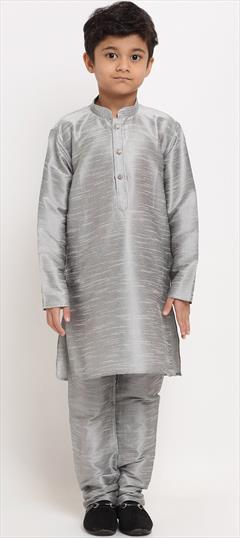 Black and Grey color Boys Kurta Pyjama in Art Dupion Silk fabric with Thread work : 1774349