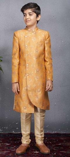 Yellow color Boys Sherwani in Brocade fabric with Weaving work : 1774381