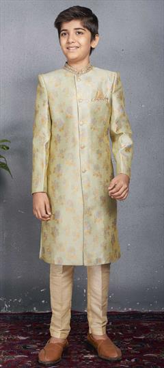 Green color Boys Sherwani in Brocade fabric with Embroidered, Sequence, Weaving work : 1774384