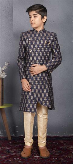 Blue color Boys Sherwani in Brocade fabric with Weaving work : 1774390
