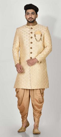 Beige and Brown color IndoWestern Dress in Mulberry Silk fabric with Embroidered, Resham, Thread, Zari work : 1774444