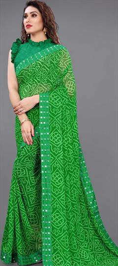Casual, Party Wear Green color Saree in Faux Georgette fabric with Classic, Rajasthani Bandhej, Lace, Printed work : 1774458